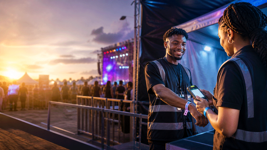 Festival team validating access at a backstage checkpoint