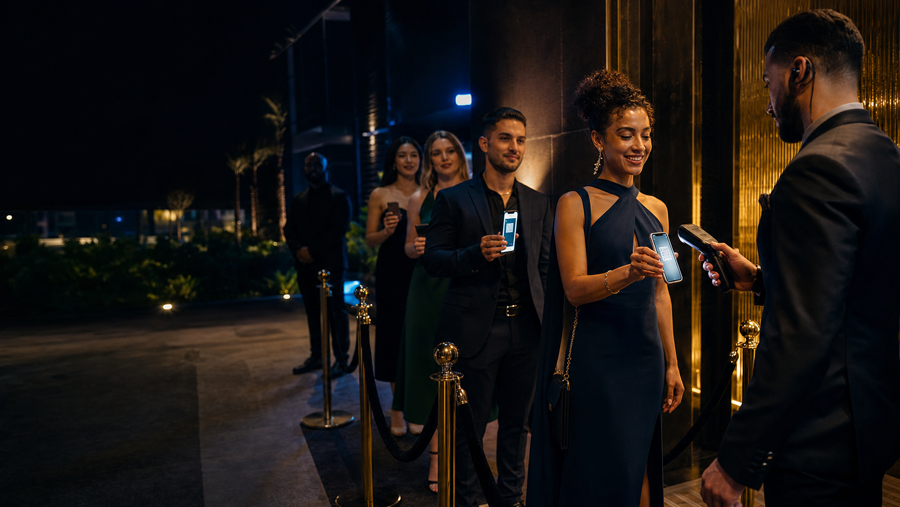 Guests presenting QR event passes at an exclusive venue entrance